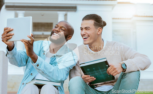 Image of Students, men and tablet for selfie, outdoor and happiness with higher education, share photos and relax. Males, guys and academics on break, knowledge and college campus with device and technology