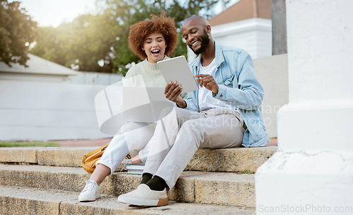 Image of Friends, technology and online comedy on tablet and laptop, social media and communication with young people outdoor. Black man, woman and internet with 5g network, funny video or meme with streaming