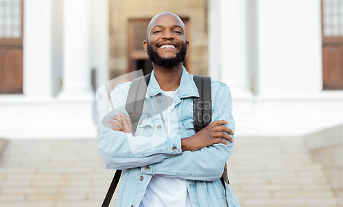 Image of Portrait, education and proud man, university and student at campus for learning, future and goals. Face, learner and college, scholarship and young guy smile, study and knowledge, academic and goals