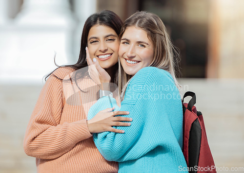 Image of Girl friends, students and portrait of women together on campus with smile, diversity and hope for future. Friendship, university and happy college people hug outside, gen z woman and friend embrace.
