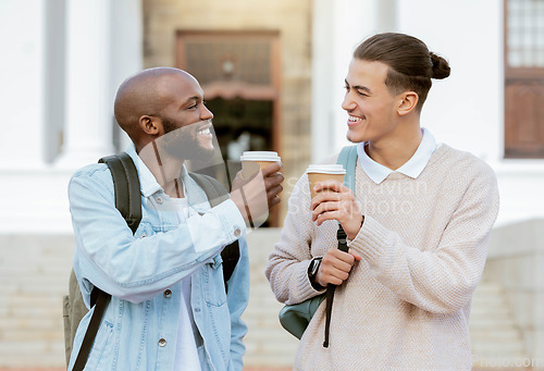 Image of Coffee break, students together or university friends with education goals, teamwork cheers and studying success. Diversity, black man or people on campus stairs with drink for energy and knowledge