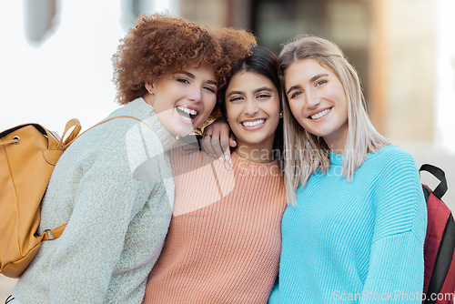 Image of School, portrait and university woman friends with education, study or campus community love, happy and support. Diversity, excited and young gen z group of people smile on face for college lifestyle