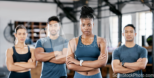 Image of Fitness, diversity and portrait of people in gym for teamwork, support and workout. Motivation, coaching and health with friends training in sports center for cardio, endurance and. challenge