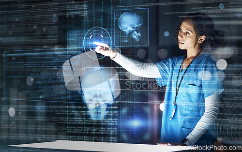 Image of Doctor, hologram and futuristic technology at night for healthcare, examination or biometric scan at hospital. Woman medical nurse on overlay big data research, icons or digital innovation at clinic