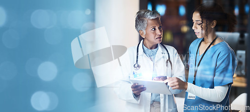 Image of Women, doctors and tablet with bokeh copy space, mockup or mock up for night medical research, planning or teamwork. Thinking healthcare worker, nurse or hospital collaboration on wellness technology