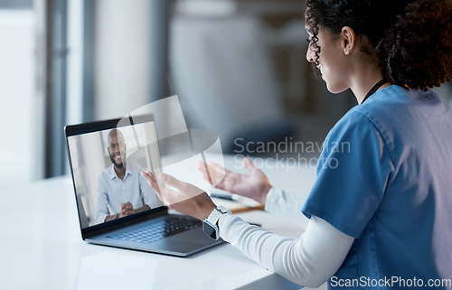Image of Video call, laptop and doctor consulting online, virtual healthcare or telehealth service for advice, help and support. Computer screen, medical professional, nurse talking to patient or black people
