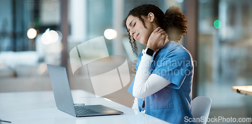 Image of Healthcare, black woman and doctor with neck pain, burnout or overworked in hospital, laptop or muscle strain. Medical professional, African American female or lady with tension, stress or frustrated