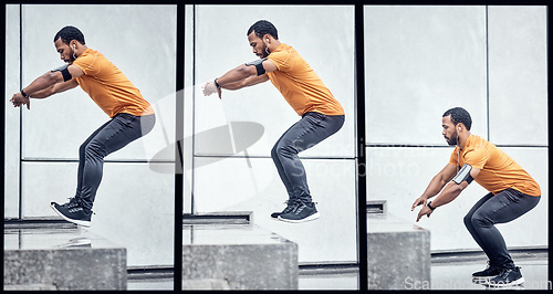 Image of Fitness, jumping and collage with a sports black man outdoor in the city for a workout to get strong. Exercise, jump and series with a male athlete training outside in an urban town for health