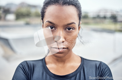 Image of Fitness, woman and serious portrait for exercise, cardio workout or training in the city outdoors. African American female face looking in confidence or determination for sports, goals or exercising