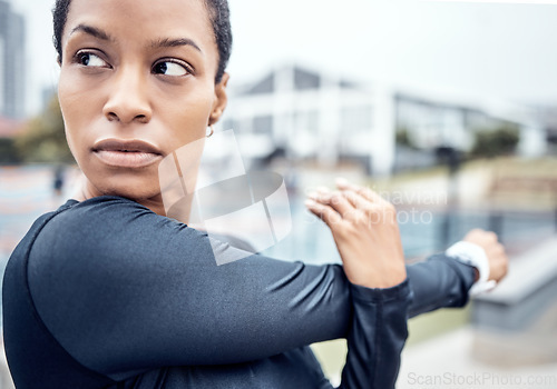 Image of Fitness, stretching arms and black woman in city with motivation, focus and commitment for workout. Sports, body performance and face of girl warm up ready for exercise, running and marathon training