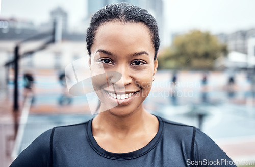 Image of Portrait, happy and fitness with a sports black woman outdoor for a running, cardio or endurance workout. Face, smile and exercise with a female athlete training outside for health or vitality