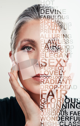 Image of Senior woman, elegant and portrait in text, collage or letters of empowerment or message isolated on a background. Elderly female with words overlay on face for beauty reminder, self worth or love