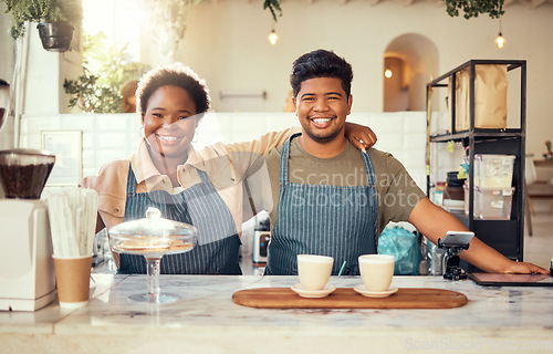 Image of Portrait, partnership and small business owners happy at coffee shop or cafe in support together. Team, collaboration and friends smiling due to startup growth and proud of success or vision