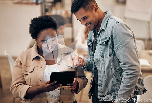 Image of Business, man and black woman with tablet, social media and connection for website, conversation and modern office. Company, African American female and Latino male online reading or digital planning