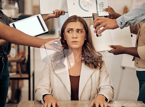 Image of Stress, management and multitask woman manager with anxiety, burnout and focus problem working in office. Tablet, phone call and documents chaos of corporate team, boss or executive and people hands