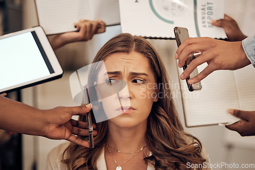 Image of Business, woman and stress with multitasking, burnout and overworked with deadlines, schedule and confused. Female employee, consultant and leader with documents, smartphone and anxiety in workplace