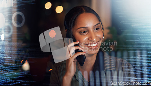 Image of Digital, overlay or black woman with phone call for communication, networking or contact us at night. Stock market, happy or trading girl for financial invest data growth planning or double exposure