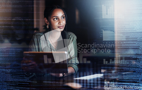 Image of Overlay, finance and woman thinking with a laptop at night for ideas, planning and business trading. Strategy, digital and employee working overtime for a financial analysis deadline on a computer