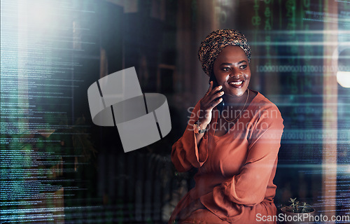 Image of Digital overlay, futuristic or black woman on phone call for communication, networking or contact us at night. Stock market, happy or trading girl with smile for financial investment growth planning