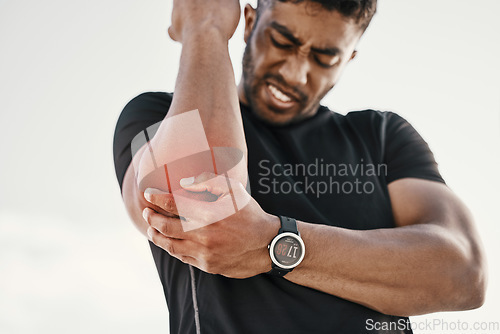 Image of Elbow injury, fitness and man with pain while training, sports emergency and accident during workout. Cramp, inflammation and athlete with broken bone, painful joint and bruise during outdoor cardio