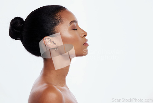 Image of Black woman, facial profile and beauty in studio, isolated white background and mockup. Female model, face side and dermatology for skincare, aesthetic makeup and natural cosmetics for salon wellness