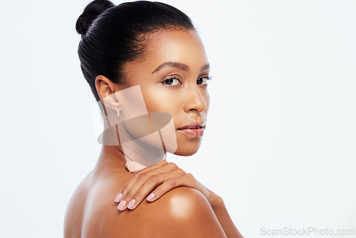 Image of Body wellness, skincare and portrait of black woman for beauty, healthy skin and dermatology in studio. Self care, spa aesthetic and face of girl with cosmetics, makeup and facial on white background