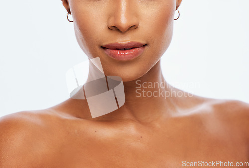 Image of Skincare, glow and shoulders of a woman with beauty isolated on a white background in a studio. Dermatology, wellness and face, body and skin of a cosmetics model glowing with a tan on a backdrop