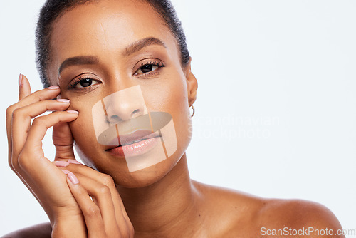 Image of Skincare, face portrait and beauty of black woman in studio for dermatology and cosmetics. Aesthetic model person with luxury spa facial and makeup glow on natural skin isolated on a white background