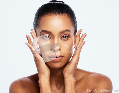 Image of Beauty, skincare and hands on face for woman portrait in studio for dermatology, cosmetic and makeup. Aesthetic model person with luxury spa facial and healthy skin glow isolated on white background