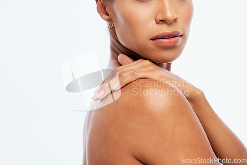 Image of Woman, hands and shoulder in beauty skincare, cosmetics or moisturizer isolated on a white background. Hand of female touching skin in self love or self care for soft, smooth or healthy treatment