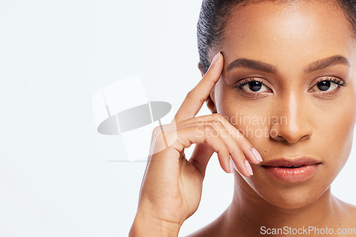 Image of Black woman, portrait and beauty mockup in studio, white background and isolated space. Serious female model face, facial skincare and cosmetics for dermatology, natural makeup and wellness in Brazil