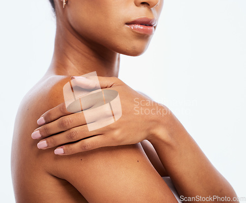 Image of Woman, hands and shoulder in skincare cosmetics or beauty moisturizer isolated on a white background. Hand of female touching skin and body in self love or care for soft, smooth or healthy treatment