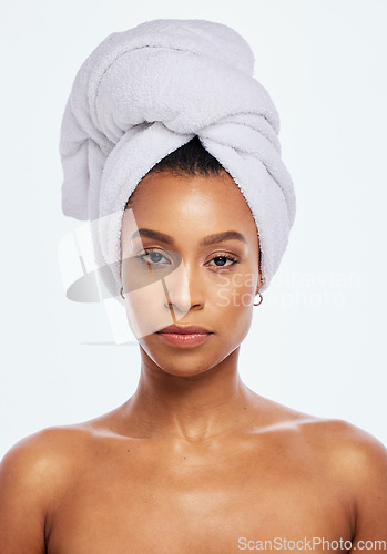 Image of Black woman, portrait and head towel in studio, isolated white background and face beauty. Female model, clean shower and hair cloth for skincare, dermatology and bathroom cosmetics for body wellness