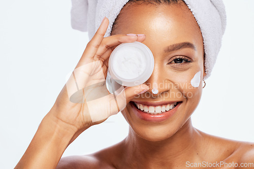 Image of Woman portrait, beauty and cream container for face in studio for dermatology cosmetic. Aesthetic model person with facial skincare product for healthy and natural glow isolated on a white background