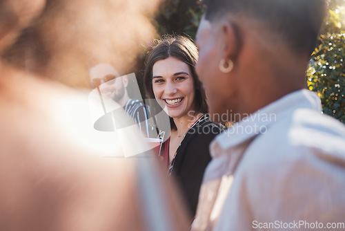 Image of Smile, laughing and portrait of a woman at a party in summer with friends, drinks and holiday energy. Relax, happy and girl on a vacation with a group of people at a lodge enjoying the weekend