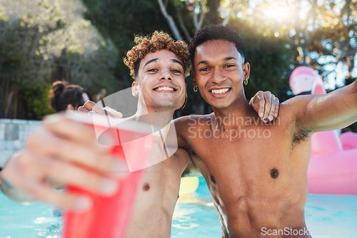 Image of Selfie, portrait and friends at a pool party with drinks for celebration, relax and holiday in Miami. Summer, smile and happy men in the water with a photo during a social event with alcohol