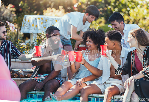 Image of Friends, pool party and cheers on summer vacation with happy people drinking and laughing with feet in water. Friendship, diversity and fun smile in sun, men and women relax and celebrate together.