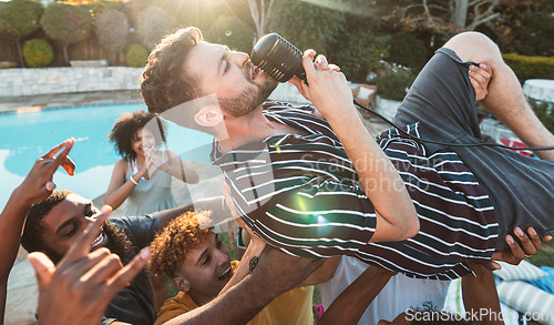 Image of Microphone, singing and crowd surfing with a man performer at a party outdoor during summer. Concert, energy and audience with a male singer being carried by a group of people at a performance event