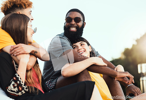 Image of Diversity, couples and date outdoor, smile and bonding on summer vacation, weekend break and conversation. Multiracial, men and women in city, loving and happiness together, holidays or casual outfit