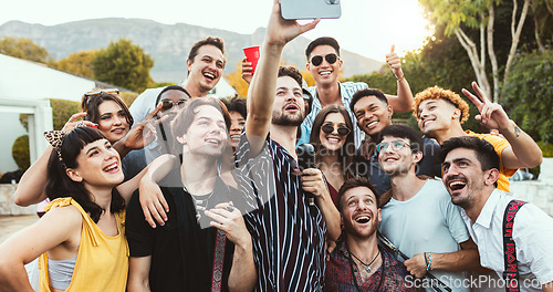 Image of party, selfie and group of people or friends on social media, summer and gen z lifestyle at outdoor celebration. Young women, youth or influencer with mic for karaoke profile picture on crazy holiday