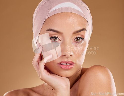 Image of Portrait, woman with face and skincare, vitiligo and natural cosmetics with skin wellness isolated on studio background. Body positivity, cosmetic glow and self love, inclusivity and genetic disorder