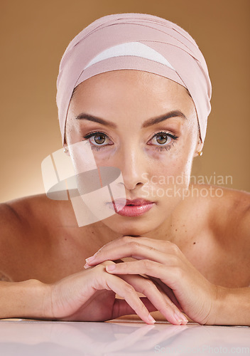 Image of Woman, face and beauty with skin and vitiligo, natural cosmetics with skincare wellness isolated on studio background. Body positivity, cosmetic glow and self love, inclusivity and genetic disorder