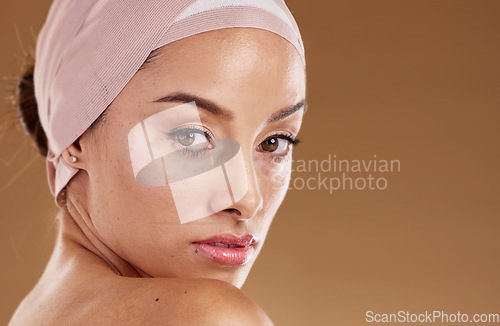 Image of Vitiligo, skin and woman face in portrait with skincare, natural cosmetics and beauty isolated on studio background. Body positivity, cosmetic mockup and self love, inclusivity and genetic disorder