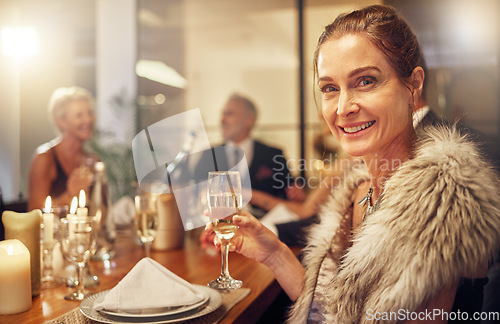 Image of Portrait, senior woman and champagne, event and celebration for achievement, dinner gala and smile. Mature female, happy elderly lady and party with alcohol, elegant and glamour with stylish outfit