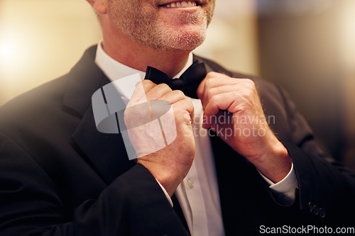 Image of Hands, wedding and bow tie with a groom getting ready for his marriage ceremony of tradition or celebration. Fashion, event and celebrating with a man wearing a suit as a gentleman to be married