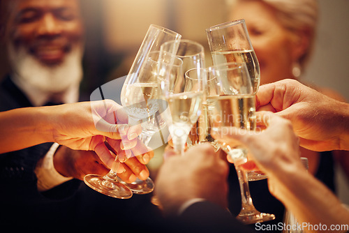 Image of Success, people and dinner with toast, champagne and elegant team, party and celebration together. Friends, closeup and cheers for achievement, wine glasses and fine dining at gala event and luxury