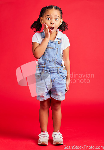 Image of Surprise, wow face and portrait of girl on red background for with omg, comic and shock facial expression. Kids fashion, mockup and cute girl in studio for promotion, sale and discount announcement