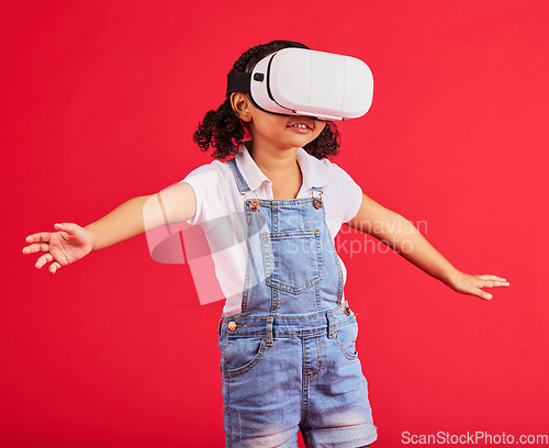 Image of Gaming, virtual reality and metaverse with girl and glasses for digital transformation, video games and innovation. Happy, wow and augmented reality with child and vr headset for wow, future and 3d