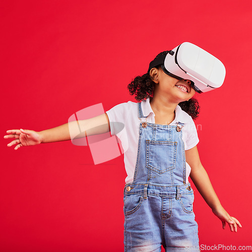 Image of Gaming, virtual reality and metaverse with girl and glasses for digital transformation, video games and innovation. Happy, wow and augmented reality with child and vr headset for wow, future and 3d