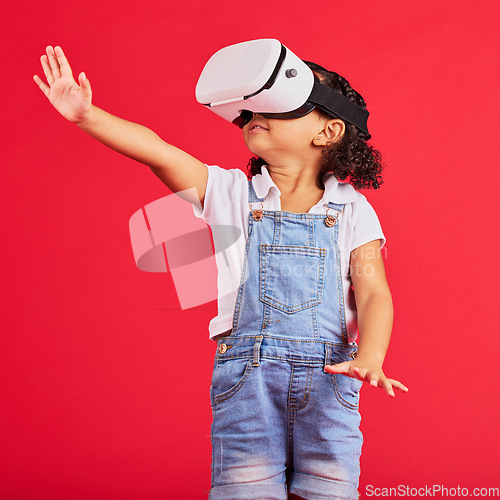 Image of Gaming, virtual reality and wow with girl and glasses for digital transformation, video games and innovation. Happy, cyber and augmented reality with child and vr headset for technology, future or 3d